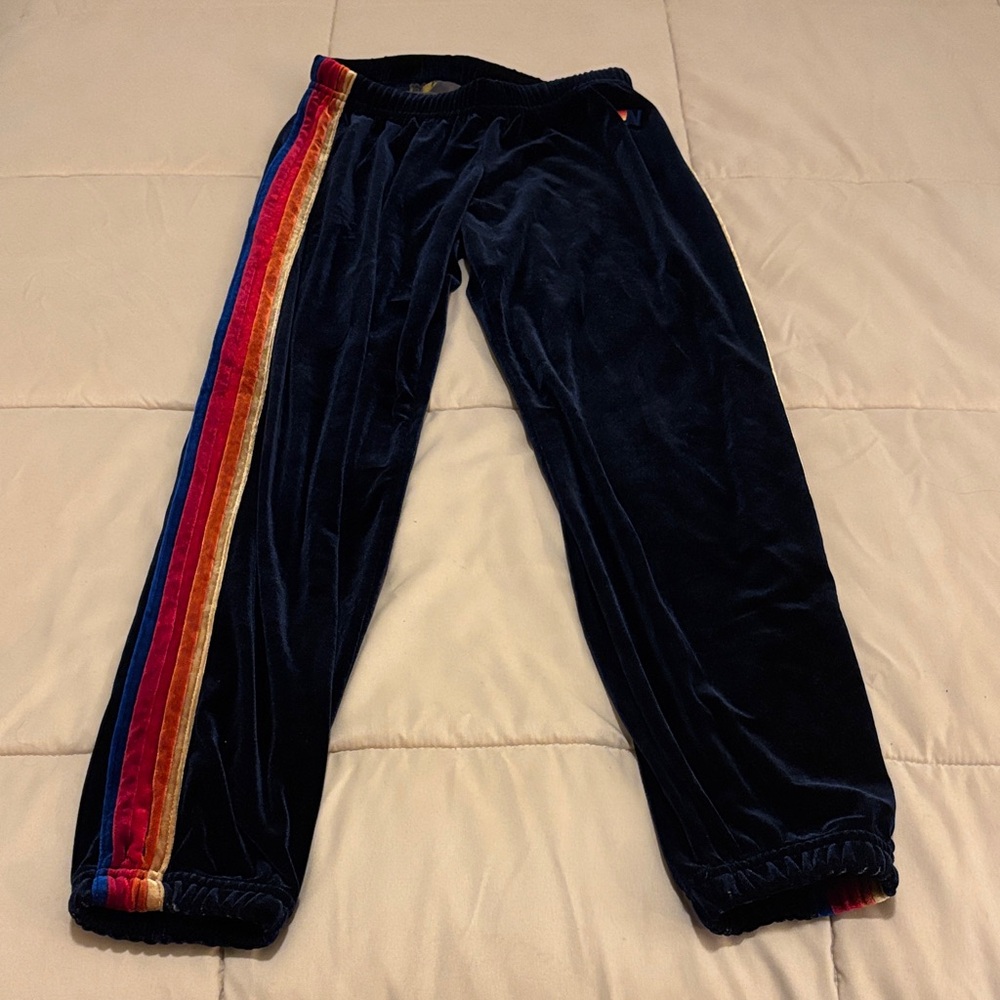 Aviation Nation Women’s Navy Velvet Joggers with Rainbow Stripe